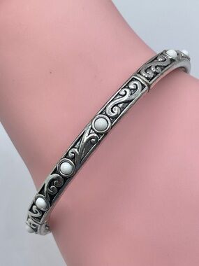Silver Tone Scroll Stretch Bracelet White Cabochon Accent